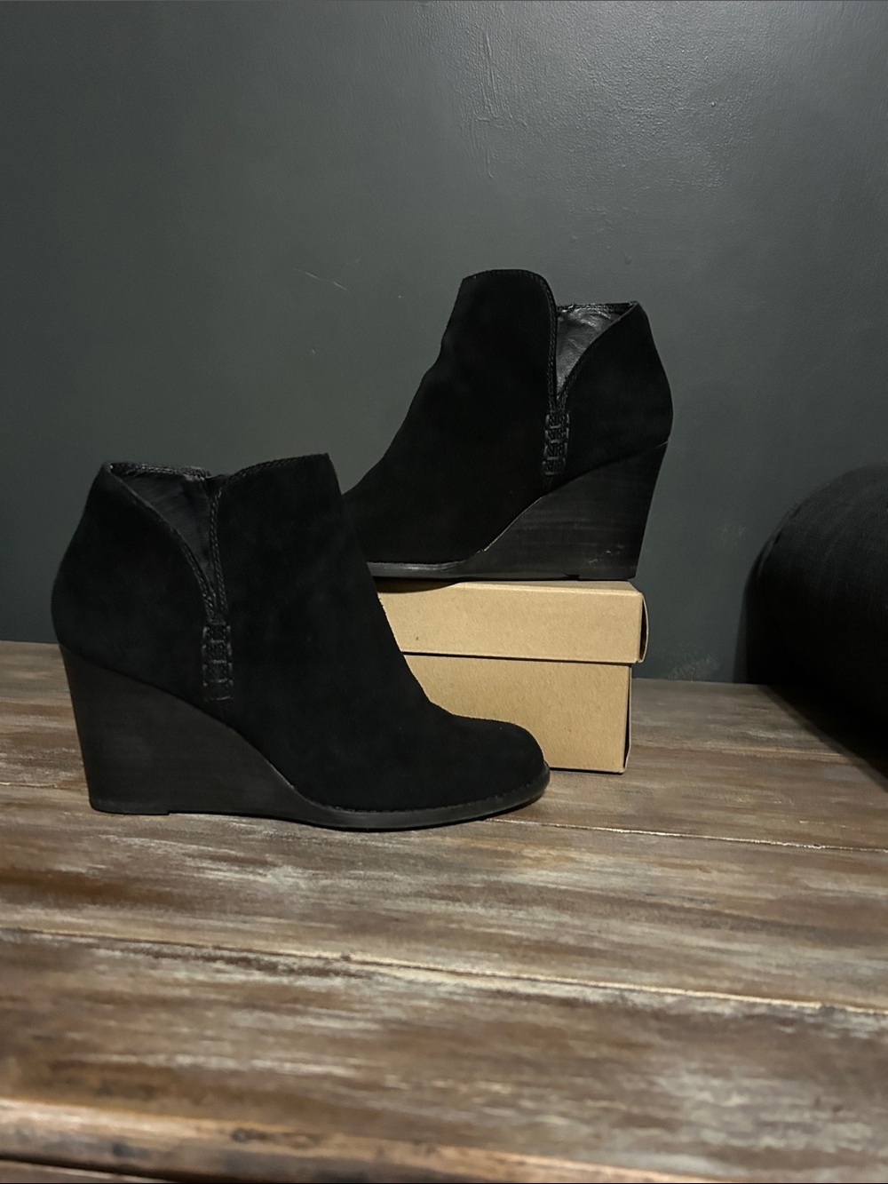 Lucky Brand Black Suede Wedge Ankle Booties